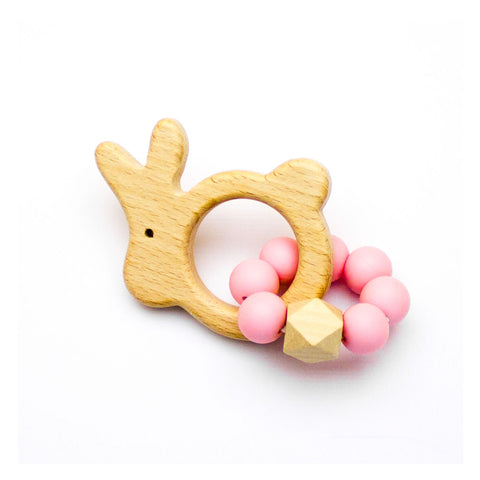 Μασητικό οδοντοφυΐας ξύλινο με χάντρες σιλικόνης Ροζ Λαγουδάκι