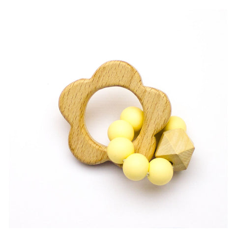 Μασητικό οδοντοφυΐας ξύλινο με χάντρες σιλικόνης Κίτρινο Λουλουδάκι