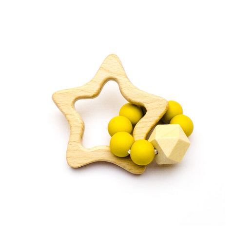 Μασητικό οδοντοφυΐας ξύλινο με χάντρες σιλικόνης Κίτρινο Αστέρι