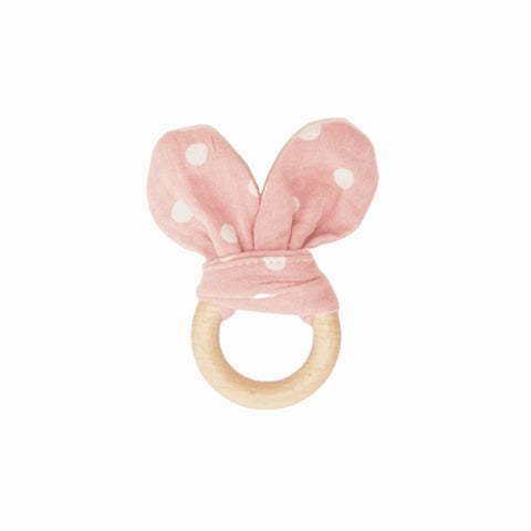Μασητικό οδοντοφυΐας υφασμάτινο με κρίκο από ξύλο Bunny Ροζ