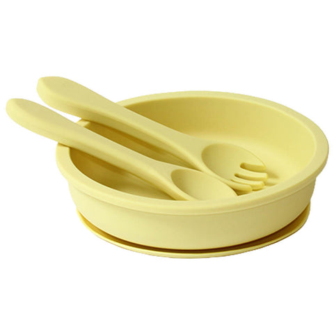 Σετ φαγητού σιλικόνης για μωρά με πιάτο βεντούζα & κουτάλι Κίτρινο