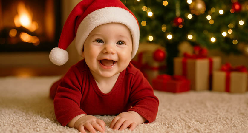 Μωρό αγοράκι με χριστουγεννιάτικο σκηνικό