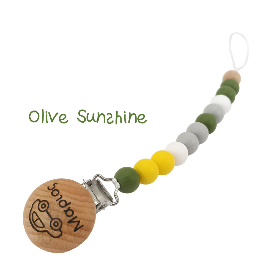 Κλιπ πιπίλας σιλικόνης με όνομα, μασητικό BPA free – Olive Sunshine – FairyGift