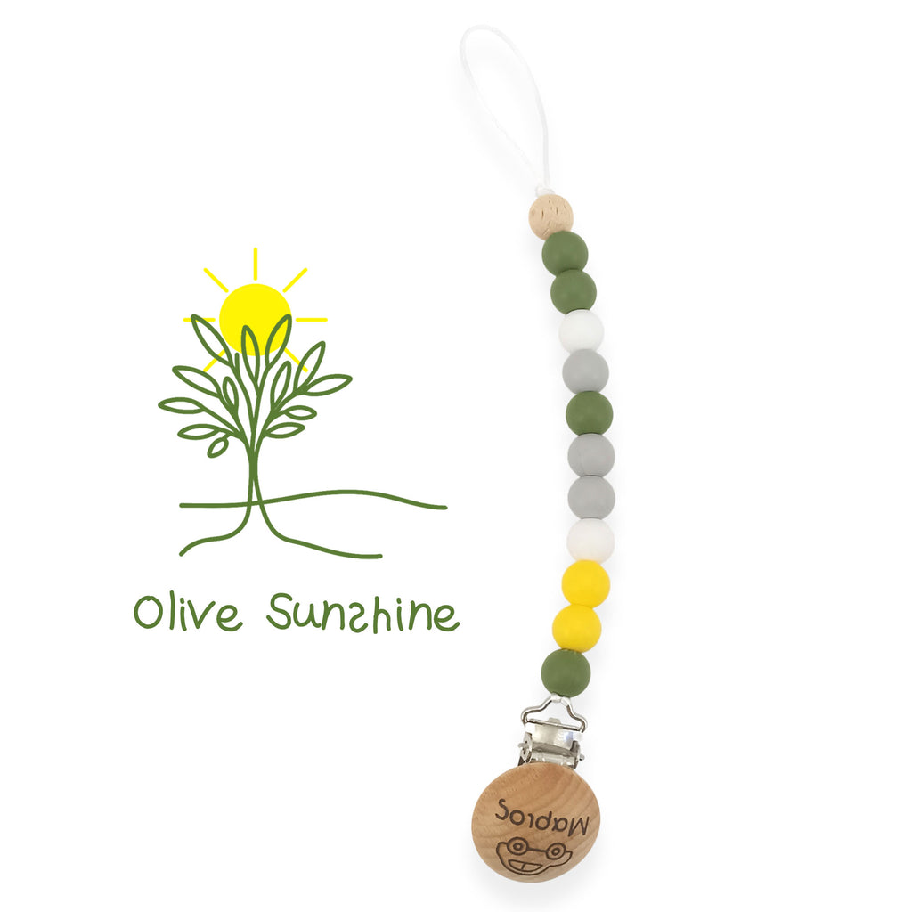Κλιπ πιπίλας σιλικόνης με όνομα, μασητικό BPA free – Olive Sunshine – FairyGift