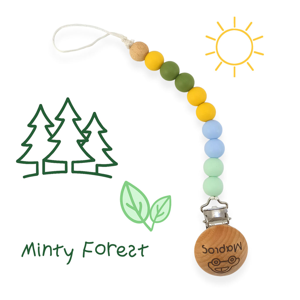 Κλιπ πιπίλας σιλικόνης με όνομα, μασητικό BPA free – Minty Forest – FairyGift
