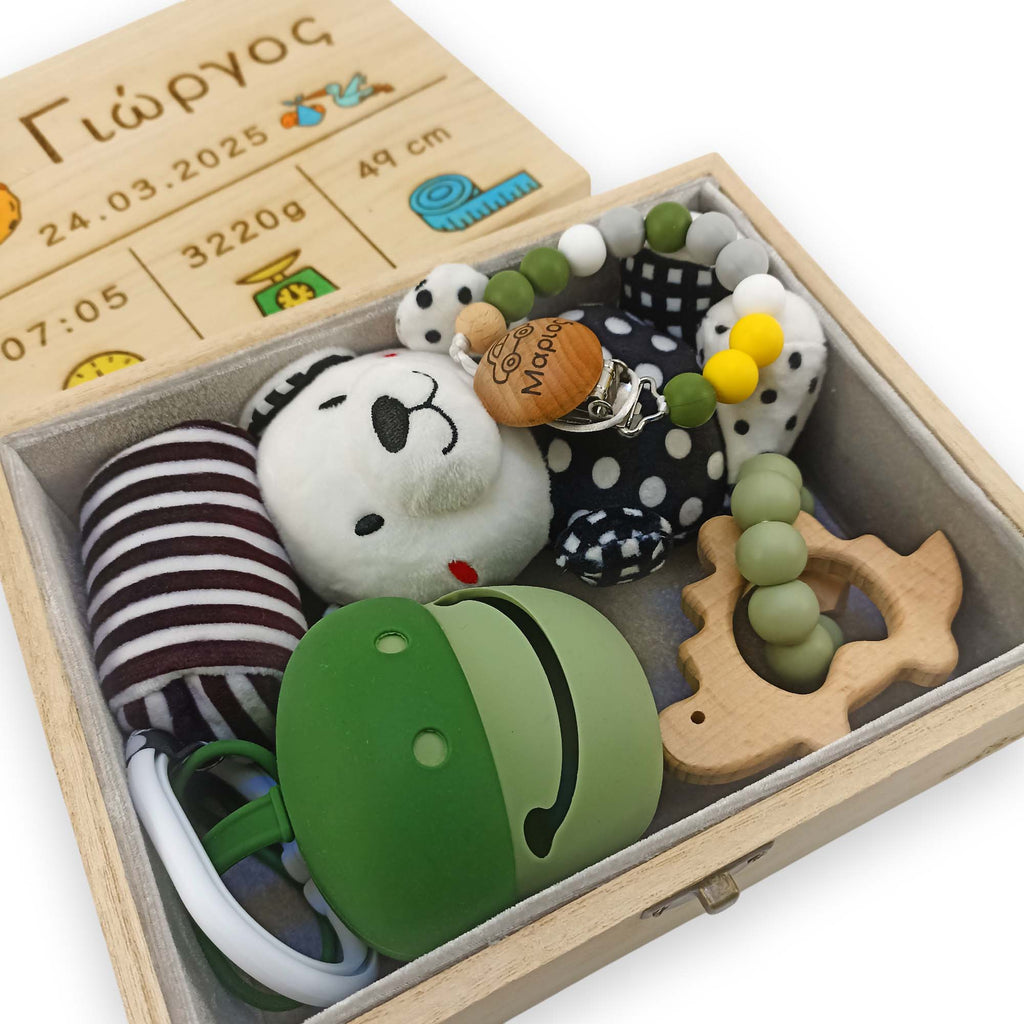 Gift Box κουτί αναμνήσεων πράσινο με θήκη πιπίλας, μασιτικό σιλικόνης, κλιπ πιπίλας και λούτρινο κουκλάκι