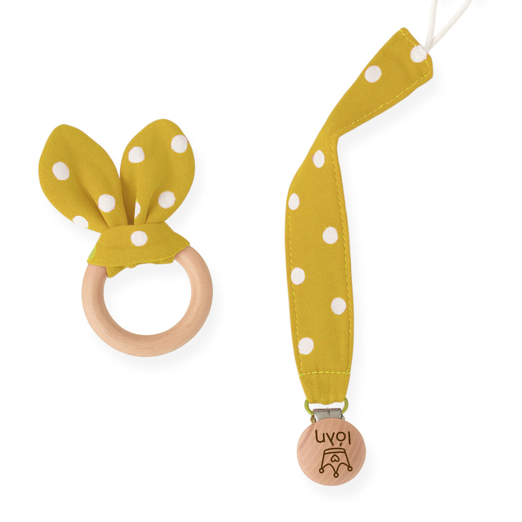 Υφασμάτινο μασιτικό οδοντοφυΐας και κλιπ πιπίλας σε πουά κίτρινο με ξύλινο κούμπωμα