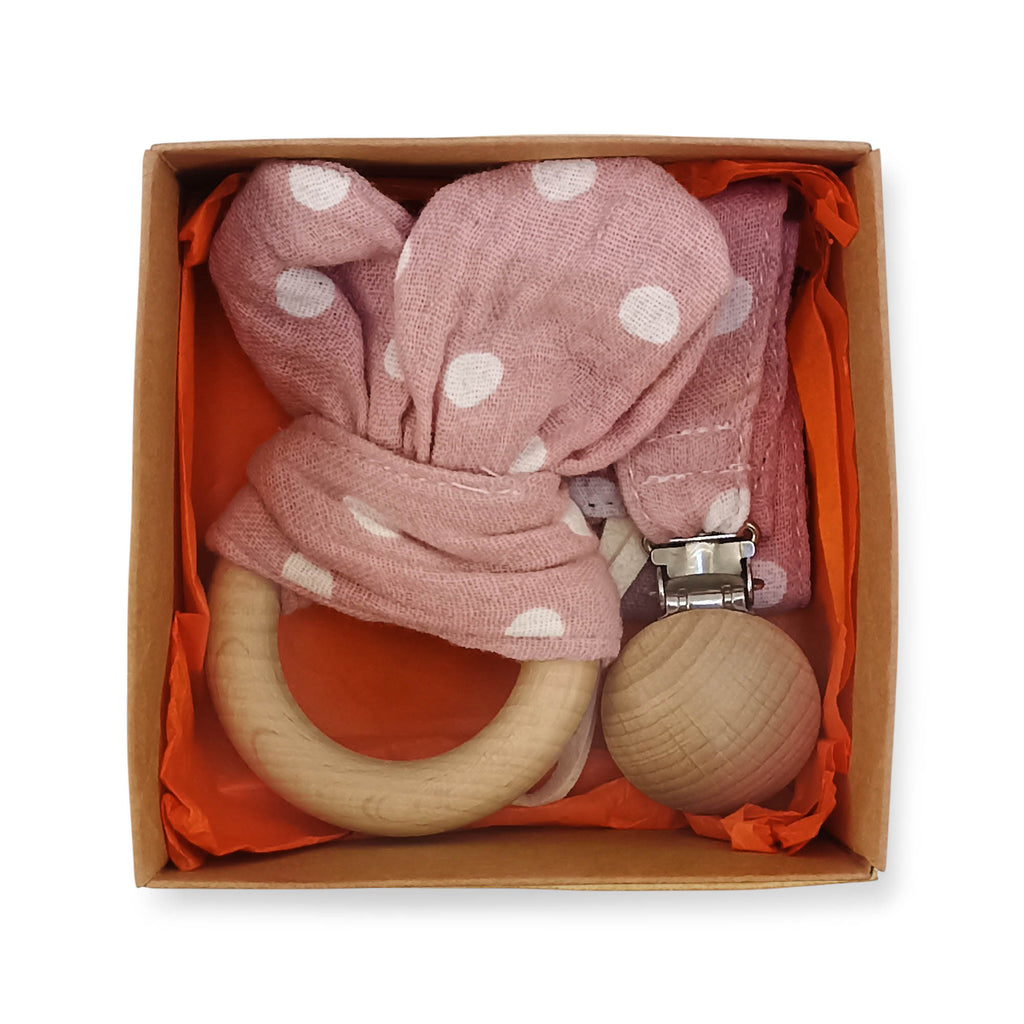 Σετ υφασμάτινο κλιπ πιπίλας και μασιτικό οδοντοφυΐας σε ροζ πουά, τοποθετημένο μέσα σε κουτί δώρου