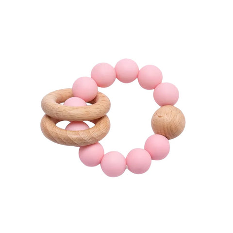 Μασητικό οδοντοφυΐας με χάντρες σιλικόνης και ξύλινους κρίκους Ροζ