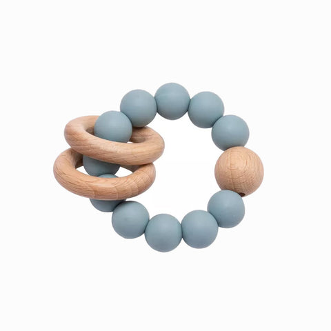 Μασητικό οδοντοφυΐας με χάντρες σιλικόνης και ξύλινους κρίκους Μπλε